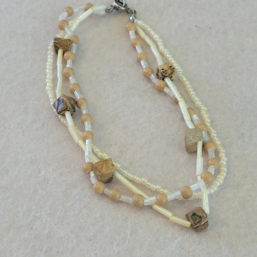 Boho Multi Strand Beaded Bracelet Cream Tan Mixed Beads 8.5"